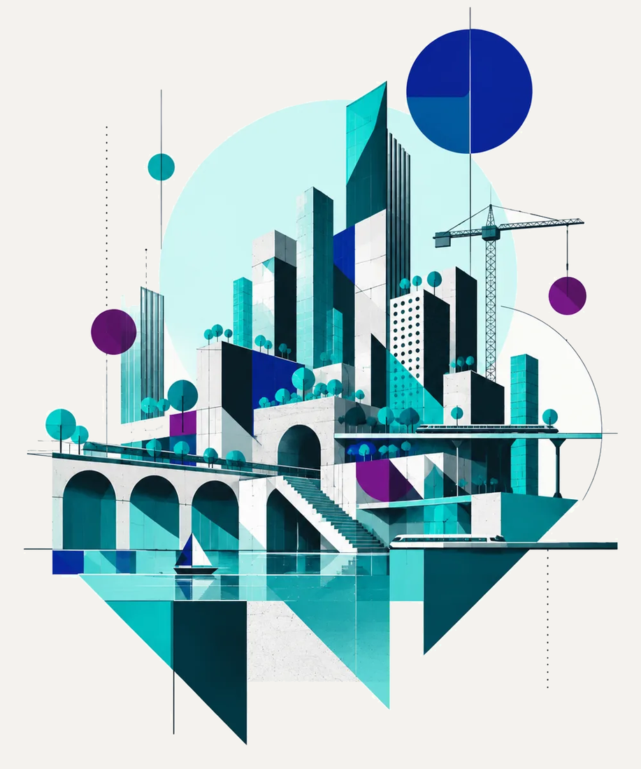 Ilustração de uma cidade com prédios e conexões